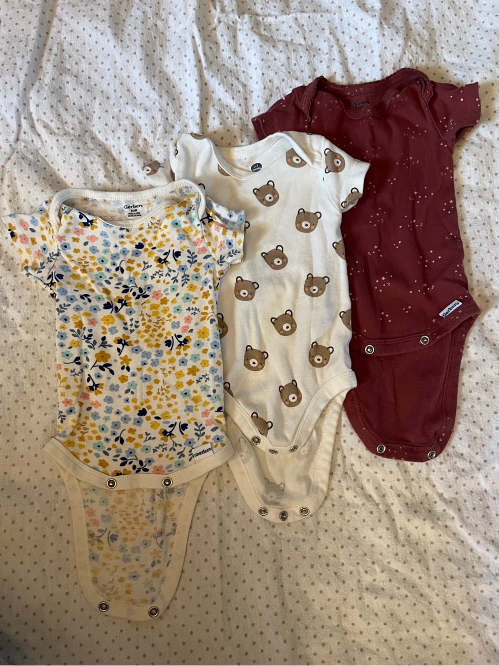 Gerber Floral, Bear Print, and Burgundy Baby One-Piece Bodysuits